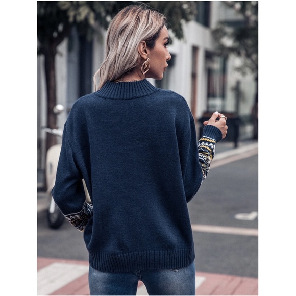 Navy Blue High Neck Sweater Nordic Geometric Tribal Aztec Print Pullover Knit - Picture 5 of 9